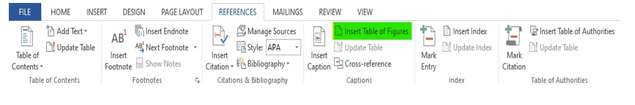 Insert Table of Figures MS Word