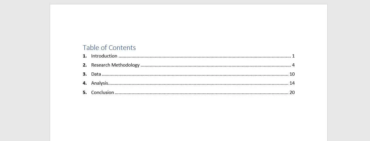 how to create table of content for thesis