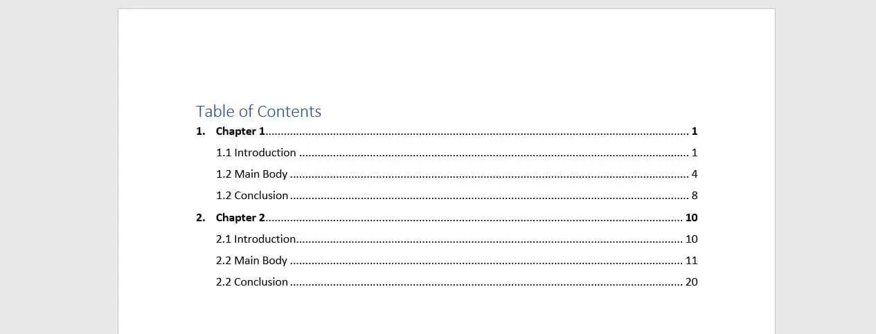 table of contents dissertation template